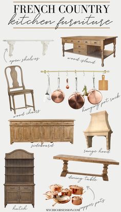 french country kitchen furniture is shown in this graphic style, with the names and description below it