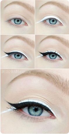 Fun Eyeliner Looks Hooded Eyes, White Eyeliner Looks, Eyeliner Tips, Eyeliner Designs, Eyeliner For Beginners, Eyeliner Styles, White Makeup, White Eyeliner