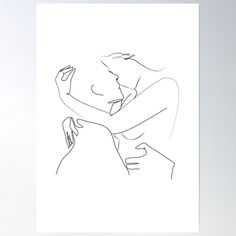 a black and white drawing of two people hugging each other