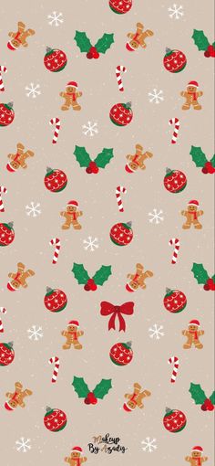 christmas seamless pattern with gingerbreads, holly and candy canes on grey background