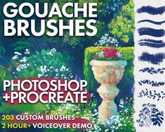 the front cover of gouache brushes photoshop procreate with flowers and bushes