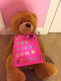 a brown teddy bear sitting on the floor holding a pink sign that says sorry are baby dumby sohc