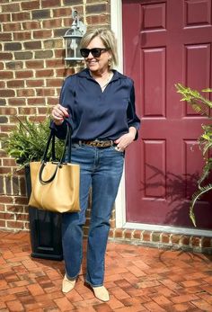 Why Quince is a Game-Changer for Women Over 50 Satin Shirt With Jeans, Tania Stephens, Shirt With Jeans, Light Blue Cardigan, Shirts To Buy, Satin Shirts, Sam Edelman Sandals, Navy Blue Top