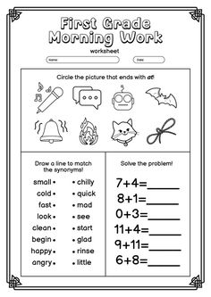 the first grade morning work worksheet for students to practice numbers and addition skills