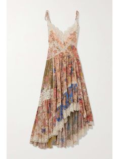 ZIMMERMANN August asymmetric lace-trimmed paisley-print silk midi dress Bohemian Lace Dress With Floral Print, Bohemian Multicolor Lace Dress, Bohemian Dress With Floral Print And Handkerchief Hem, Spring Silk Dress With Lace Patchwork, Mode Pop, Deep Winter, Mode Ootd, Silk Midi Dress, A Dress