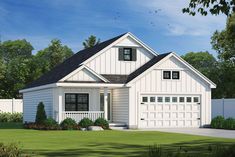 this is a computer rendering of the front elevation of these modern farmhouse houseplans