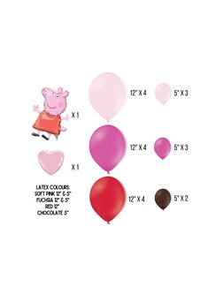 balloons are shown in different colors and sizes for the peppo pig balloon decoration set