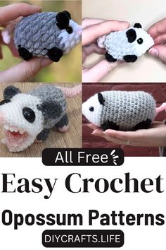 an image of crocheted animals with text overlay that reads, all free easy crochet opossum patterns