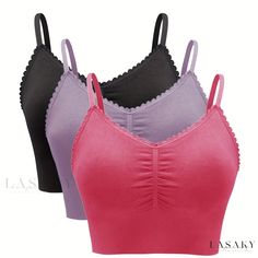 Lasaky - 3-Piece Set of Plus Size Casual Bras for Women: Solid Ruched Wireless Padded Lace Bralettes Casual Bra, Green Lavender, Sports Bra Set, Color Skin, Plus Lingerie, Colors For Skin Tone, Pink Lavender, Wireless Bra, Skin Care Women