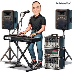 a caricature of a man sitting at a keyboard in front of two speakers