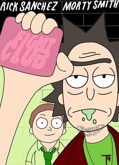 a cartoon character holding up a pink sign with the caption rick's gang on it