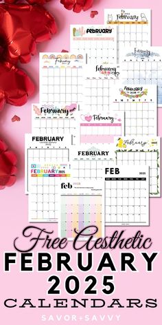 the free printable calendar for february and december is shown with red foil balloons in the background