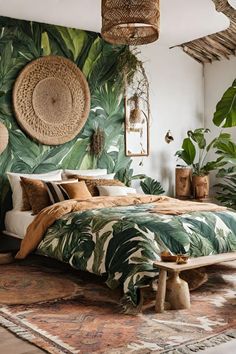 21 Modern Boho Jungle Themed Bedroom Ideas Jungle Bedroom Ideas, Boho Jungle Bedroom, Jungle Bedroom Theme, Jungle Themed Bedroom, Jungle Themed Room, Jungle Bedroom, Tropical Bedrooms, Oversized Pillows, Jungle Room