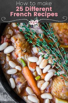 a skillet filled with meat, beans and carrots on top of a wooden table