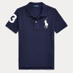 Polo Ralph Lauren Boys Big Pony Cotton Mesh Polo Shirt Refined Navy This Wear-With-Anything Polo Shirt Is Finished With Our Signature Big Pony And A "3" Patch, Representing The Number Worn By A Polo Team's Strongest Player. 100% Cotton. Machine Washable. Size 4/4t Has A 17¾" Front Body Length And A 19" Back Body Length. Signature Embroidered Big Pony At The Left Chest. Ribbed Polo Collar. Two-Button Placket. Short Sleeves With Ribbed Armbands. Twill "3" Patch At The Right Sleeve. Tennis Tail. Im Blue Polo Collar Top For School, Blue Short Sleeve Polo Shirt For School, Ralph Lauren Rugby Shirt, Polo Shirt Outfits, Polo Ralph Lauren Kids, Polo Shirt Colors, Green Polo Shirts, Polo Ralph Lauren Shorts, Ralph Lauren Kids