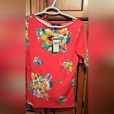 This Top Is Gorgeous. It Is Fitting To Body. New With Tags. In Excellent Condition. Beachy, Floral, Boho, Cottage Core Vibes. Red Floral Print Summer Tank Top, Red Floral Print Cotton T-shirt, Ralph Lauren Tops, Cottage Core, Black Label, Red Floral, Red Yellow, Black Floral, Top Blouse