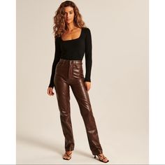 32 Long - New - Abercrombie & Fitch Fitted Straight Leg Leather Pants For Fall, Classic Bottoms For Fall Night Out, Classic Bottoms For Night Out In Fall, Classic Fall Pants For Night Out, Classic Pants For Fall Night Out, Classic Pants For Night Out In Fall, Fitted Leather Straight Pants For Fall, Patent Leather Pants, Black Coated Jeans