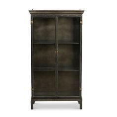 an antique black bookcase with gold trimmings on the doors and bottom shelves