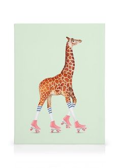 a giraffe with pink shoes and socks on it's feet is standing in front of a green background