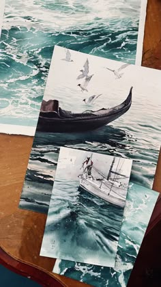 three pictures of boats in the water with seagulls flying over them