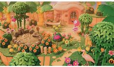 an animated garden with flamingos, flowers and other things in the background is shown