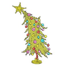 a green christmas tree with ornaments on it's base and a star hanging from the top