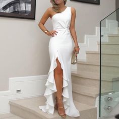 White Dress Party, Lotus Leaf, Maxi Robes, Maxi Dress Party, Club Dresses, Asymmetrical Dress, Long Maxi Dress, Dress First, Evening Gown