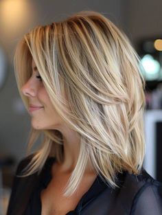 12 Medium Blonde Hairstyles That Are Simply The Perfect Length Blonde Neck Length Hair, The Long Bob Haircut, Shoulder Length Haircut With Long Bangs, Shoulder Length Hair Short Layers, Medium Bob With Long Bangs, Medium Length Layered Blonde Hair, Layer Haircut Short Hair, Rachel 2.0 Haircut, Shoulder Length Hair With Layers Blonde