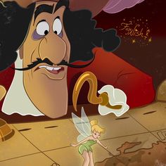 a cartoon character with a mustache and a fairy tinker on the floor next to him