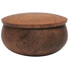 a wooden bowl is shown on a white background, with the lid slightly open to show wood grain