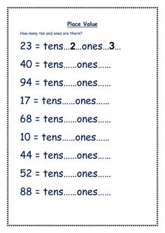 a worksheet with the words place value and tens in blue on it