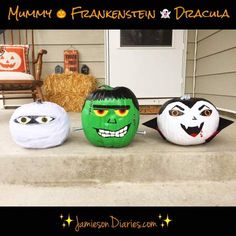 three pumpkins decorated to look like halloween characters