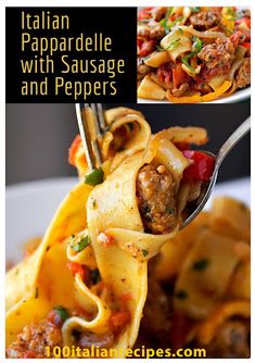 italian papparella with sausage and peppers is being lifted by a fork from a white bowl