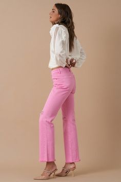 Stay pretty in pink with these trendy jeans! Non-stretch denim material with distressed details. Mid rise jeans with a hidden zip fly, and button closure. The relaxed silhouette ends in an ankle length unfinished hemline.Model is 5’8” wearing size 3/25, Waist - 29 1/2, Hip - 38 1/2Fabric Contents: 100% Cotton, Non-stretch fabric, Non-sheer fabricCare Instructions: Machine Wash ColdSize Measurement (inch): 1: 28.5 (Waist), 37.5 (Hips), 29.0 (Inseam), null (Length) 3: 29.5 (Waist), 38.5 (Hips), 29.0 (Inseam), null (Length) 5: 30.5 (Waist), 39.5 (Hips), 29.0 (Inseam), null (Length) 7: 31.5 (Waist), 40.5 (Hips), 29.0 (Inseam), null (Length) 9: 32.5 (Waist), 41.5 (Hips), 29.0 (Inseam), null (Length) 11: 33.5 (Waist), 42.5 (Hips), 29.0 (Inseam), null (Length) 13: 34.0 (Waist), 43.5 (Hips), 29.0 Pink Silhouette, Slim Straight Jeans, Print Pattern, Straight Jeans, High Rise, Pink