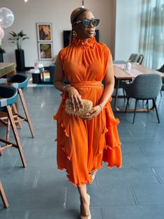 Denise Ruffle Dress (Orange) - Ninth and Maple Ruffle Dress Black, Orange High Heels, Outing Ideas, Spring Attire, High Heels Outfit, Orange Outfit, African Clothing Styles, Dress Orange, African Clothing