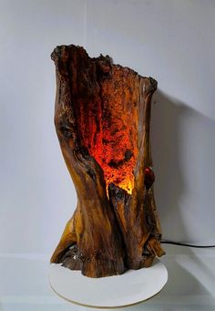 a piece of wood that is sitting on a white plate with a light in it