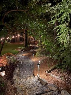 a pathway with lights in the middle of it and some trees on both sides at night