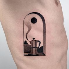 a man's stomach with a coffee pot and kettle tattoo on his left side