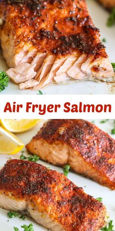 two pictures of salmon fillets on a plate with lemon wedges