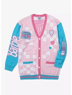 a pink and blue cardigan with patches on the sleeves, featuring an image of a radio