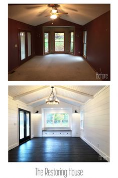 before and after photos of a house with wood flooring, ceiling fan and windows