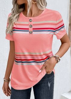 Color:Pink;Size:M;Size:L;Size:XL;Size:XXL;Package Contents:1 X T Shirt;Occasion:Casual;Style:Casual; Laura Outfits, Geometric Clothing, Womens Trendy Tops, Trendy Tops For Women, Best Tank Tops, Pink Round, Vintage T Shirts, Vintage Short, Ladies Tops