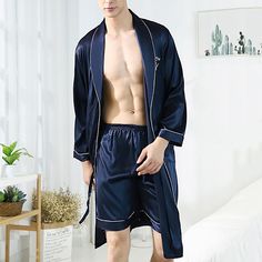 Season:Summer; Fabric:Polyester; Sleeve Length:Long Sleeve; Gender:Men's; Quantity:1 set; Nightwear Style:Silk Robe,Pajama Shorts,Bath Gown,Pajama Set,Sleepwear,Pajamas; Style:Classic,Stylish,Fashion; Elasticity:Micro-elastic; Occasion:Daily,Bathing,Home,Bed; Function:Soft,Comfort; Pattern:Plain; Neckline:Lapel; Bottom Type:Shorts; Listing Date:04/17/2024; Hips:; Length [Bottom]:; Length [Top]:; Waist:; Bust:; Sleeve Length: Men Pajamas Aesthetic, Mens Night Wear, Satin Bathrobe, Couples Night, Mens Silk Pajamas, Pajamas Men, Men Sleepwear, Pajamas Aesthetic, Mens Shorts Outfits