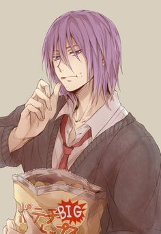 an anime character with purple hair holding a bag