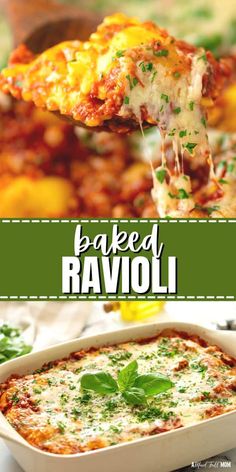 baked ravioli in a casserole dish with basil and cheese