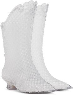 Mid-calf transparent textured rubber boots. · Pointed toe · Cutout at collar · Padded footbed · Covered kitten heel with rubber injection · Treaded rubber sole · Heel: H1.5 in Part of the Y/Project x Melissa collaboration. Supplier color: Clear Transparent Boots, Project X, Y Project, Clear White, Rubber Boots, Kitten Heel, Luxury Streetwear, Mid Calf, Rubber Sole