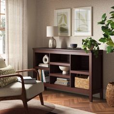 a living room scene with focus on the bookshelf