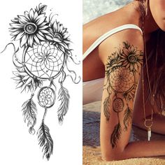 a woman with tattoos on her arm next to an image of a sunflower and dream catcher