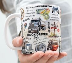 a woman is holding a coffee mug with truck driver life on it and other things around her