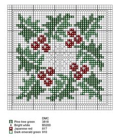 a cross stitch pattern with holly leaves and berries on the bottom, in red and green